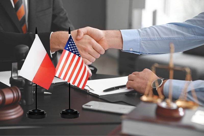 tibijoy USA American & Poland Polish Desk Flags, US Poland Table Flag, Small Mini American & Polish Twin Table Office Flag, Miniature Polish and US Desktop Flag With 13" Solid Black Pole, Black Base - Image 5